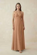 A-Line Pleated Chiffon V-Neck Bridesmaid Dress in Bronzer