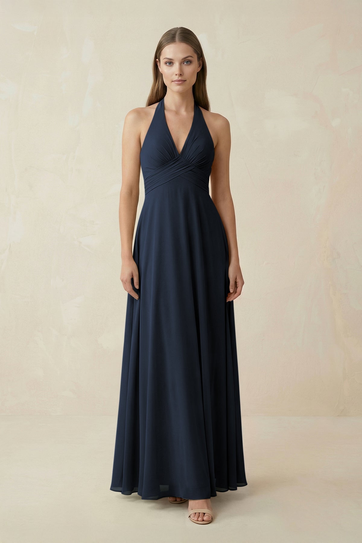 A-Line Pleated Chiffon V-Neck Bridesmaid Dress in Dark Navy