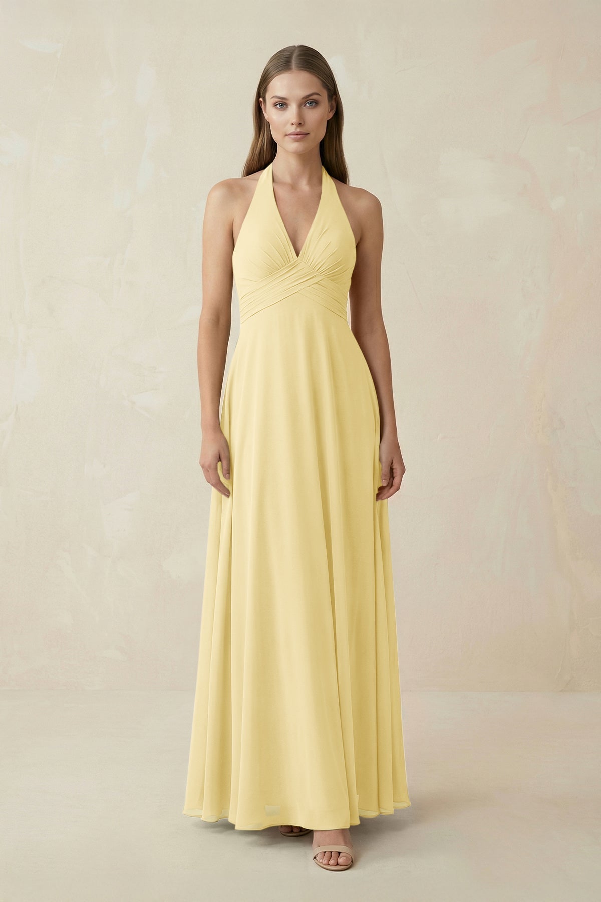 A-Line Pleated Chiffon V-Neck Bridesmaid Dress in Pastel Yellow
