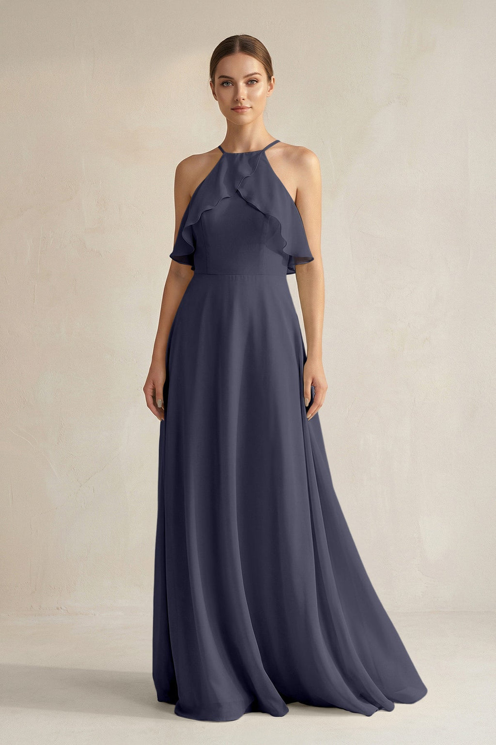 Halter Neck A-Line Chiffon Bridesmaid Dress with Keyhole in Dusk Blue