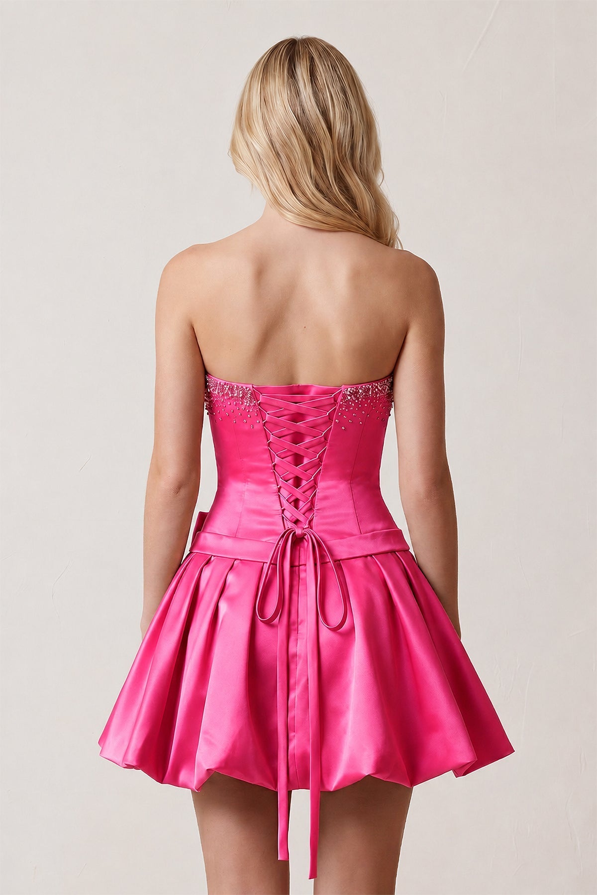 Hot Pink Rhinestones Sweetheart Ruched A-Line Homecoming Dress With Bow